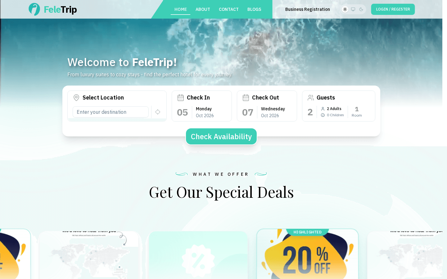 Screenshot of the Feletrip homepage showing the welcome banner and special deals section