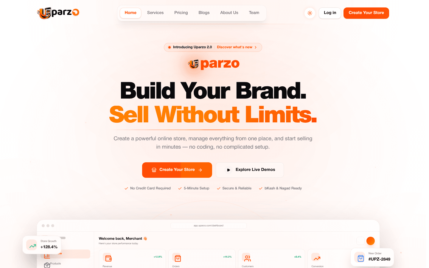 Screenshot of the Uparzo homepage showing the hero and merchant dashboard preview